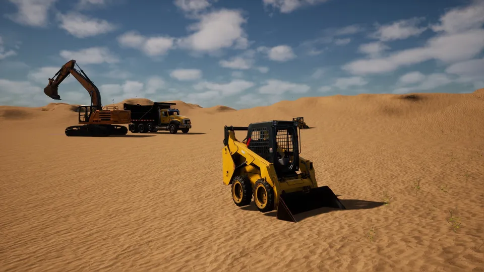 A skid steer with an excavator and dump truck working behind it