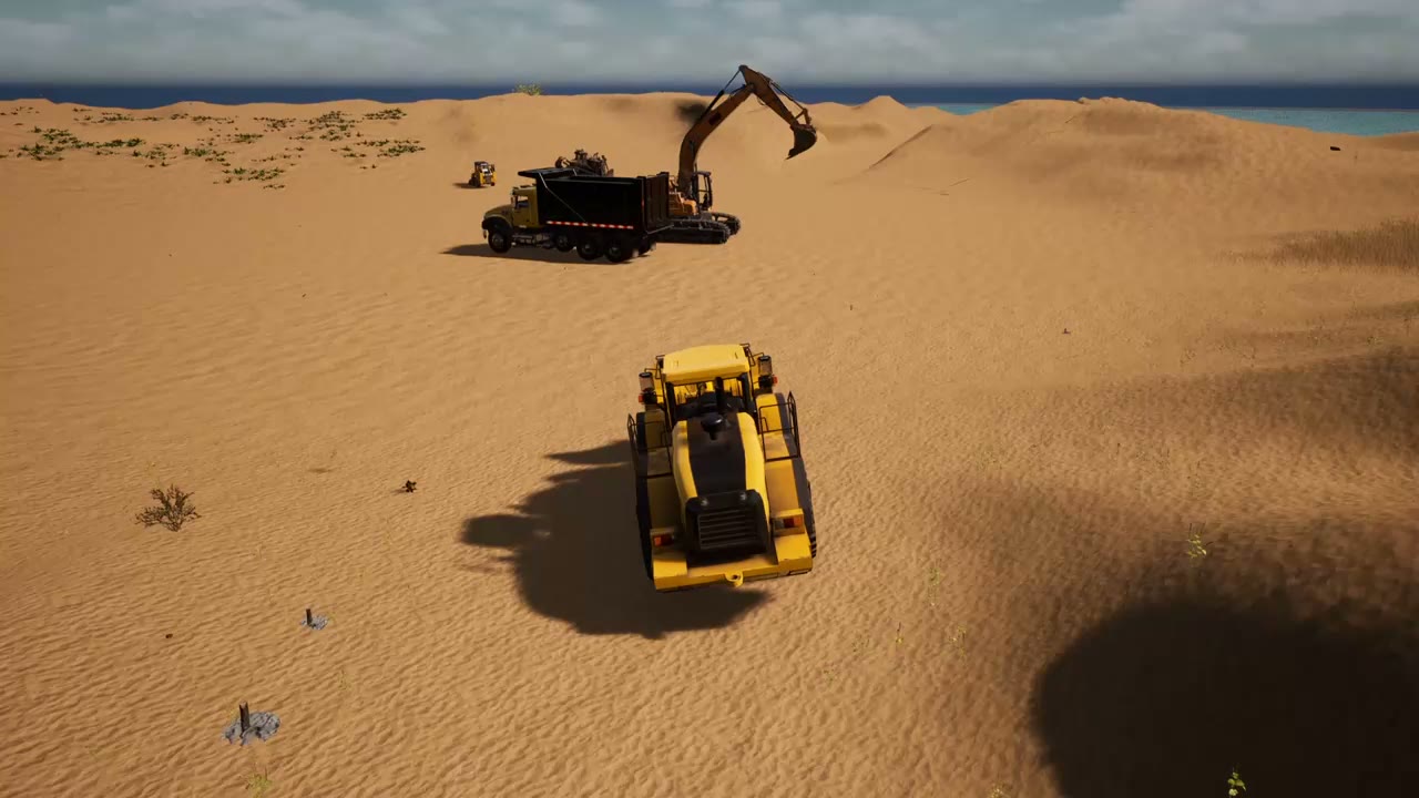 A wheel loader driving across the island